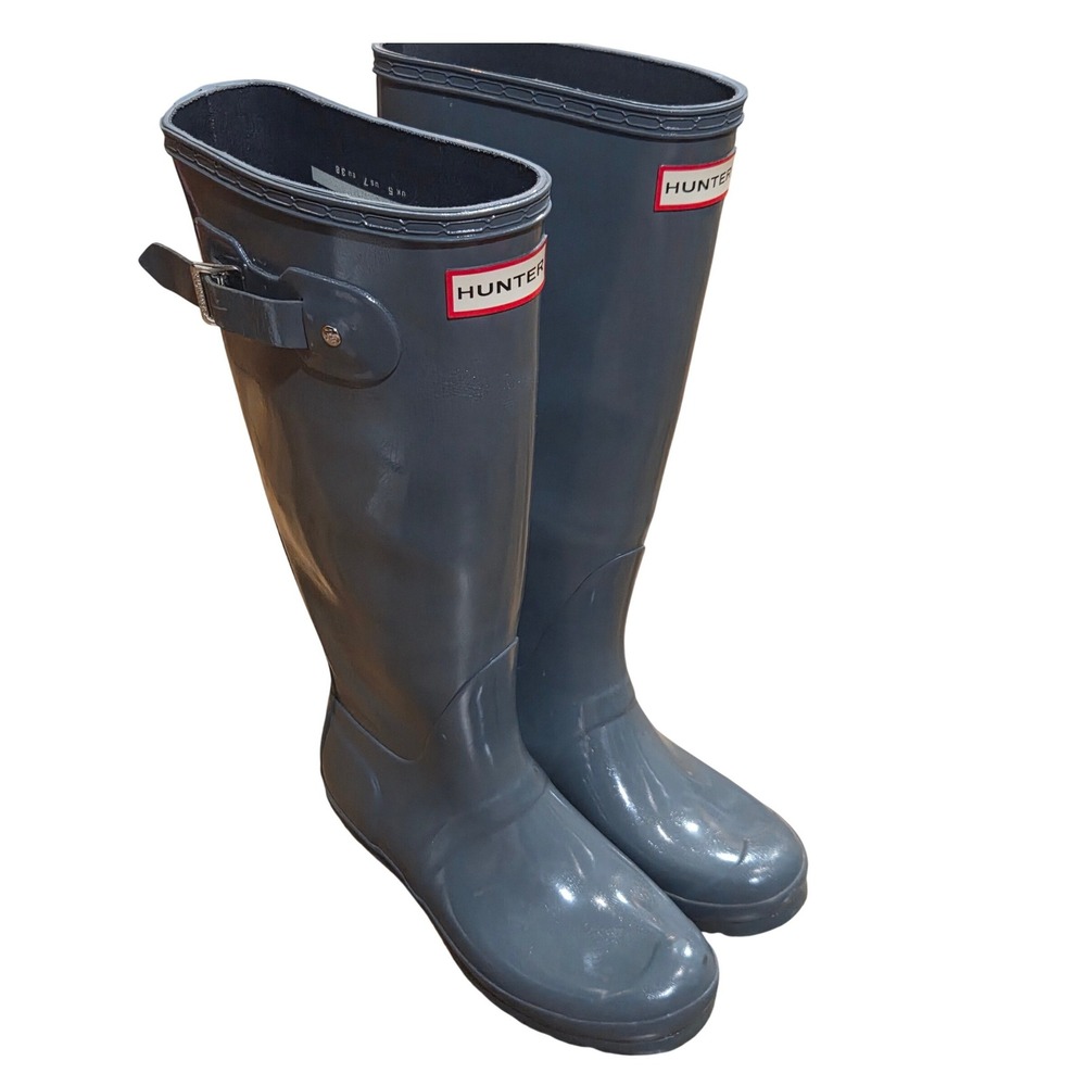 Hunter Original Tall Gloss Rain Boots Gray Blue Wellingtons 7 Waterproof Preppy